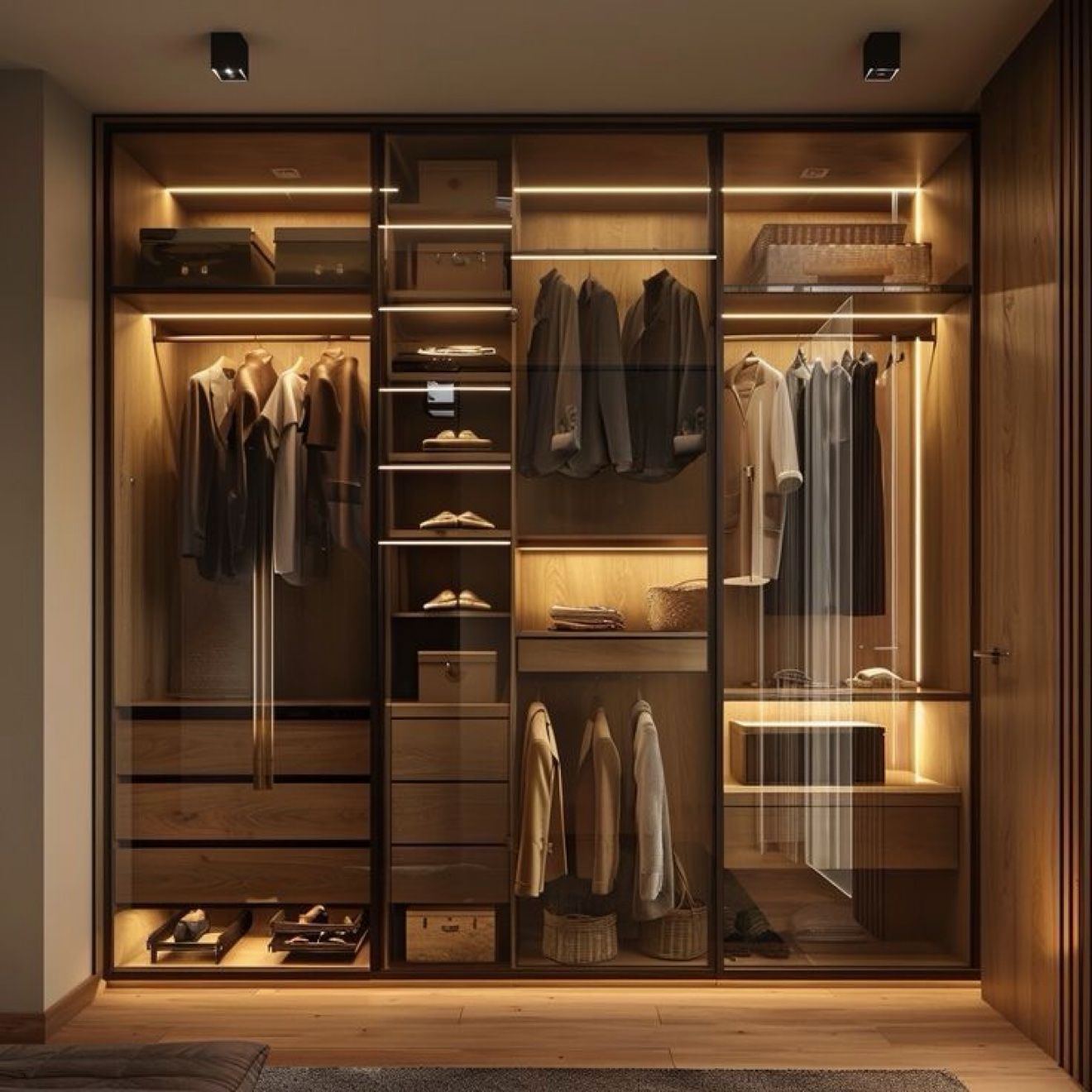 Walk-in closet design with glass doors and LED shelving