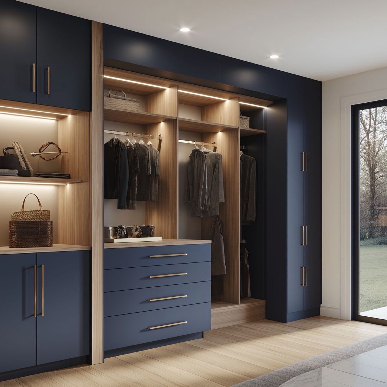 Navy and oak closet design with lit shelves
