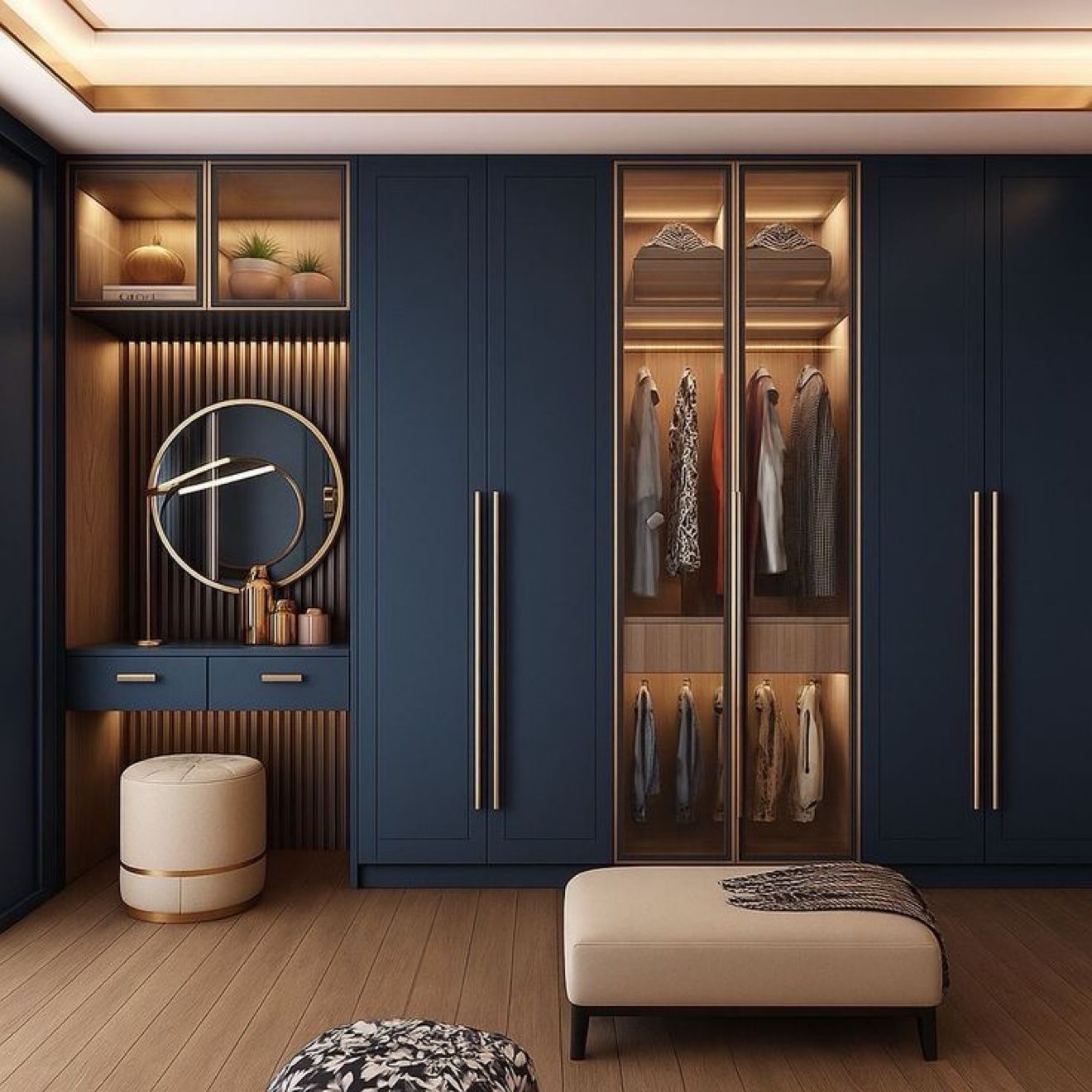 Navy dressing room design with glass cabinets and vanity