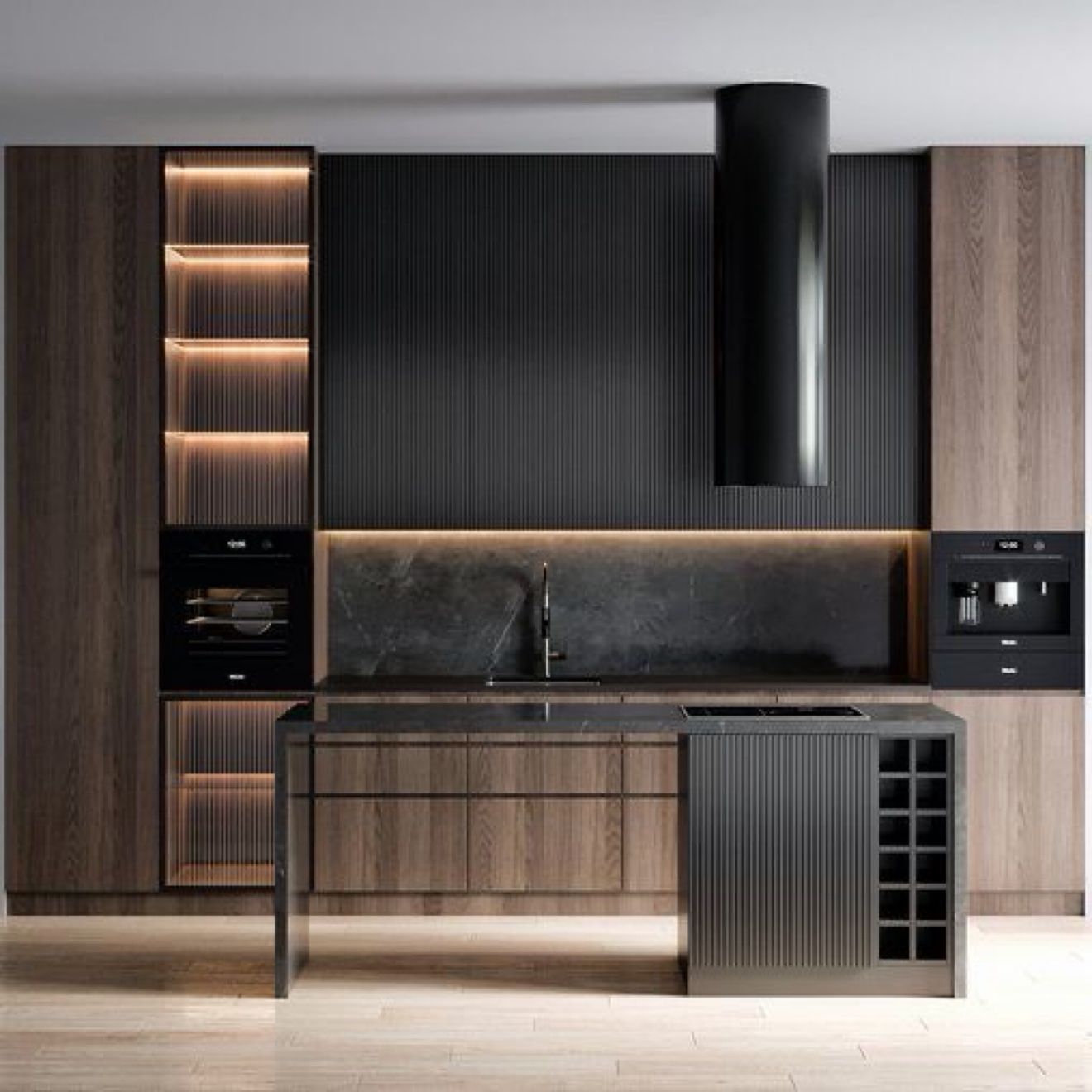 Kitchen design in black and walnut with lit glass cabinets