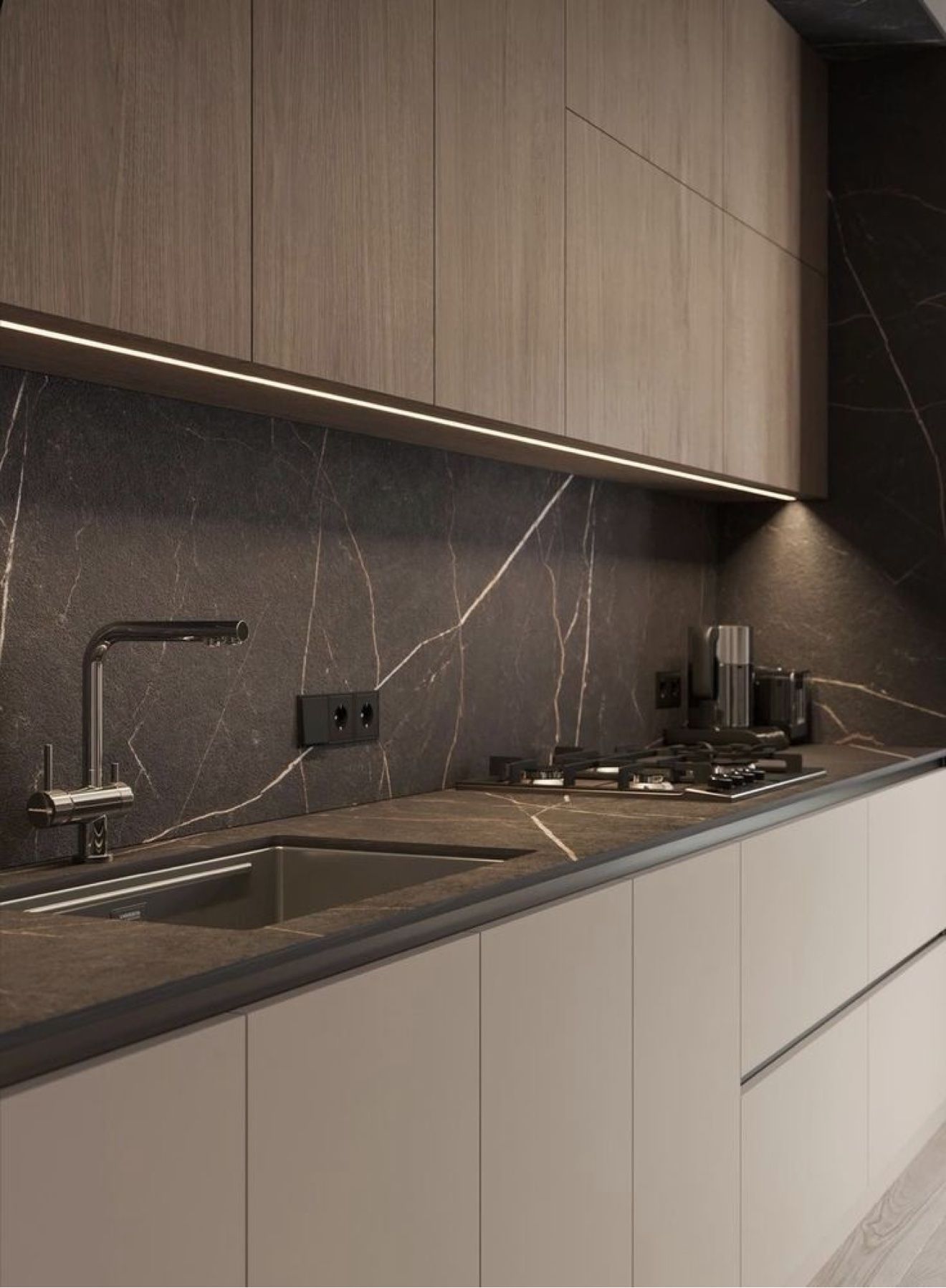 Kitchen counter design with under-cabinet LED lighting