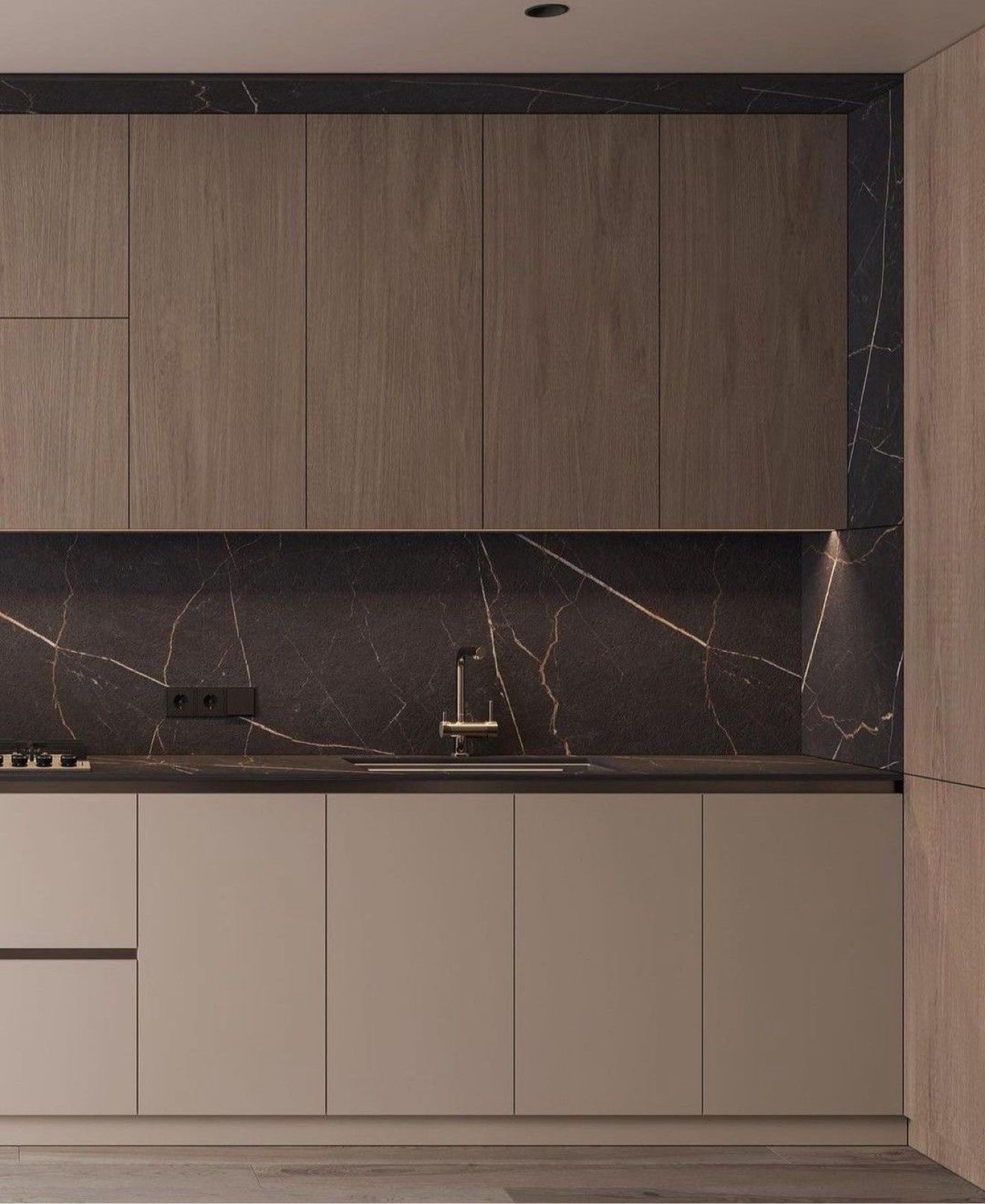 Kitchen design with marble backsplash and oak uppers