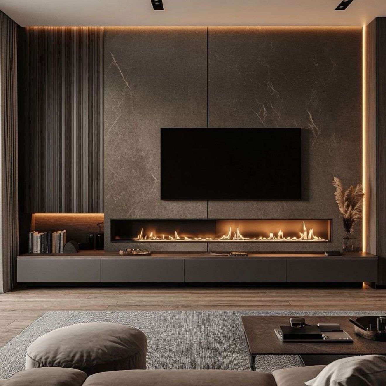 Media wall design with linear fireplace and stone surround