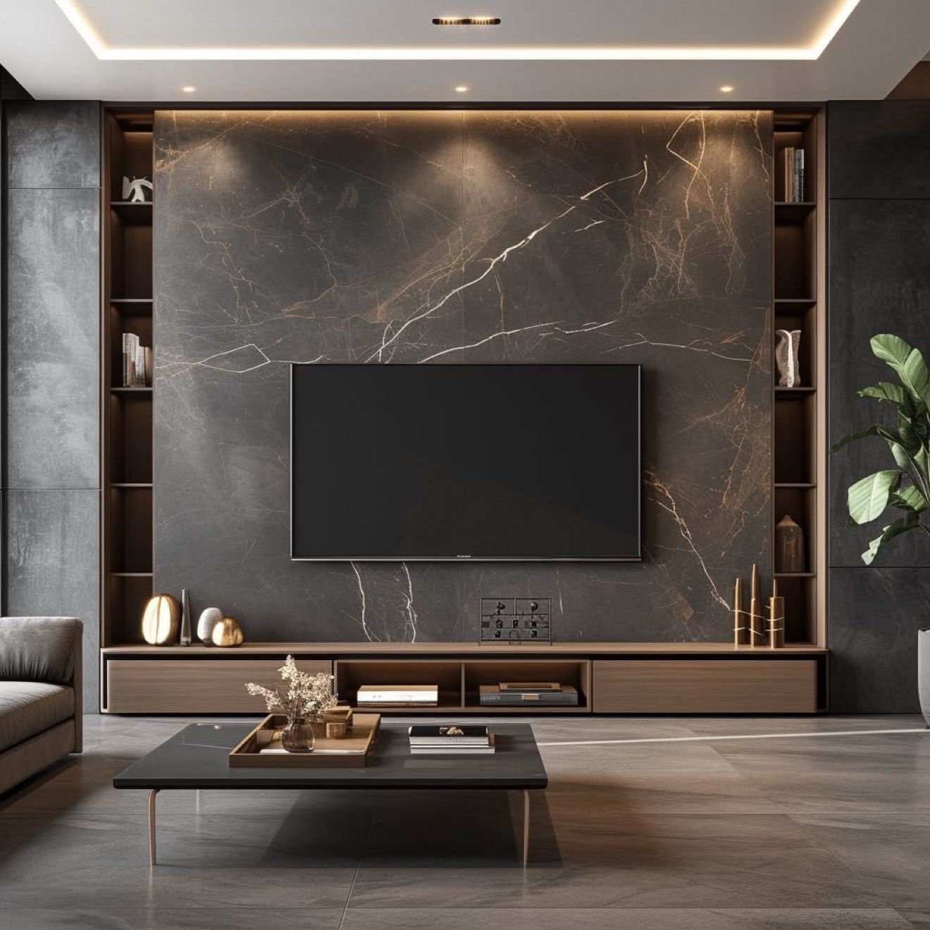 Media wall design with dark marble and lit shelves