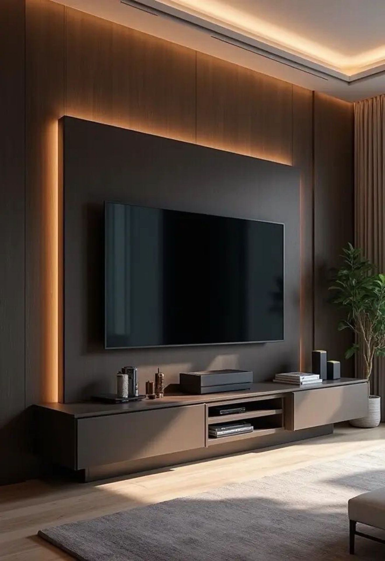 Media wall design with backlit walnut panels