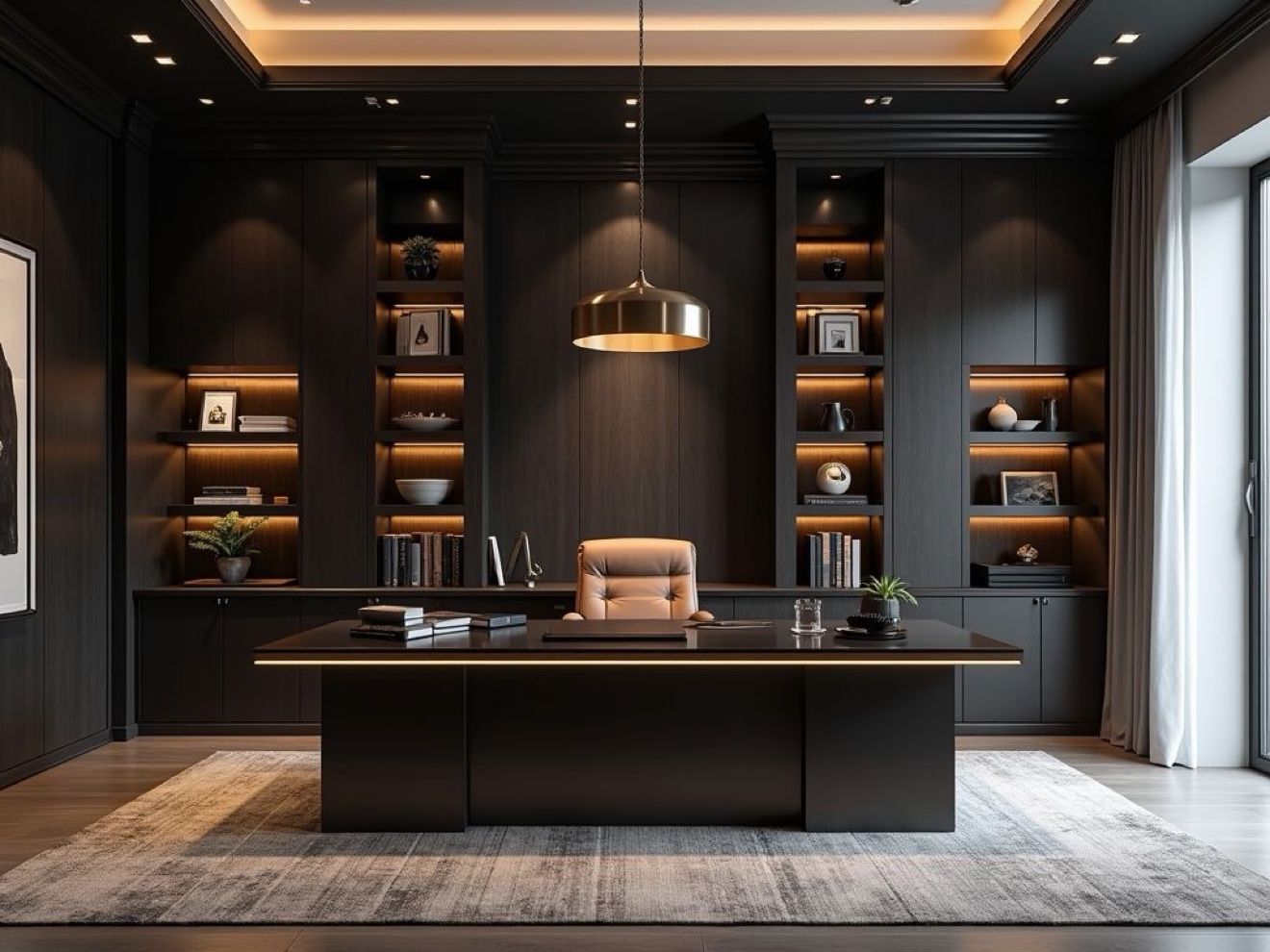 Home office design with dark built-ins and LED shelving