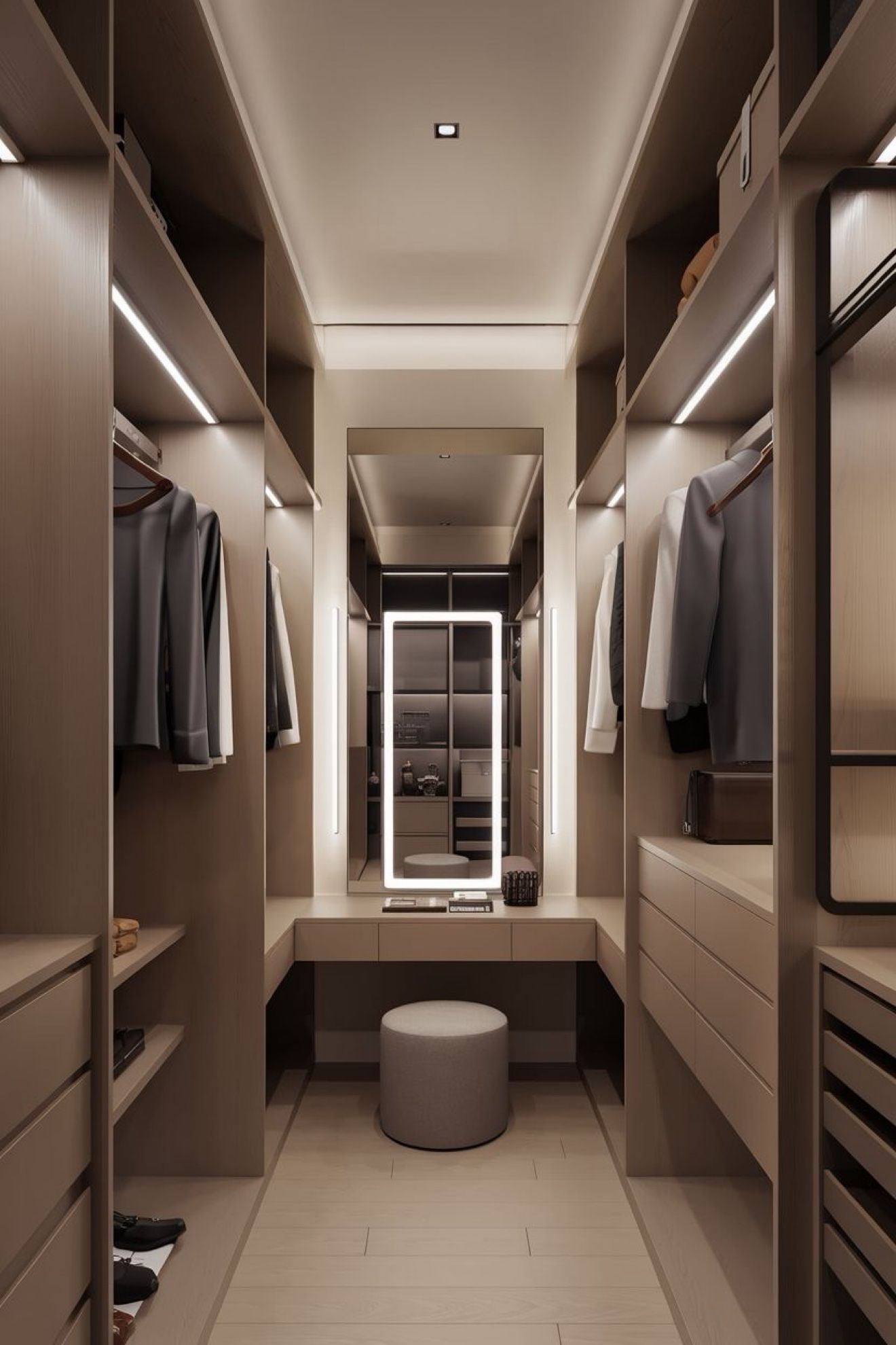 Beige walk-in closet design with backlit mirror vanity