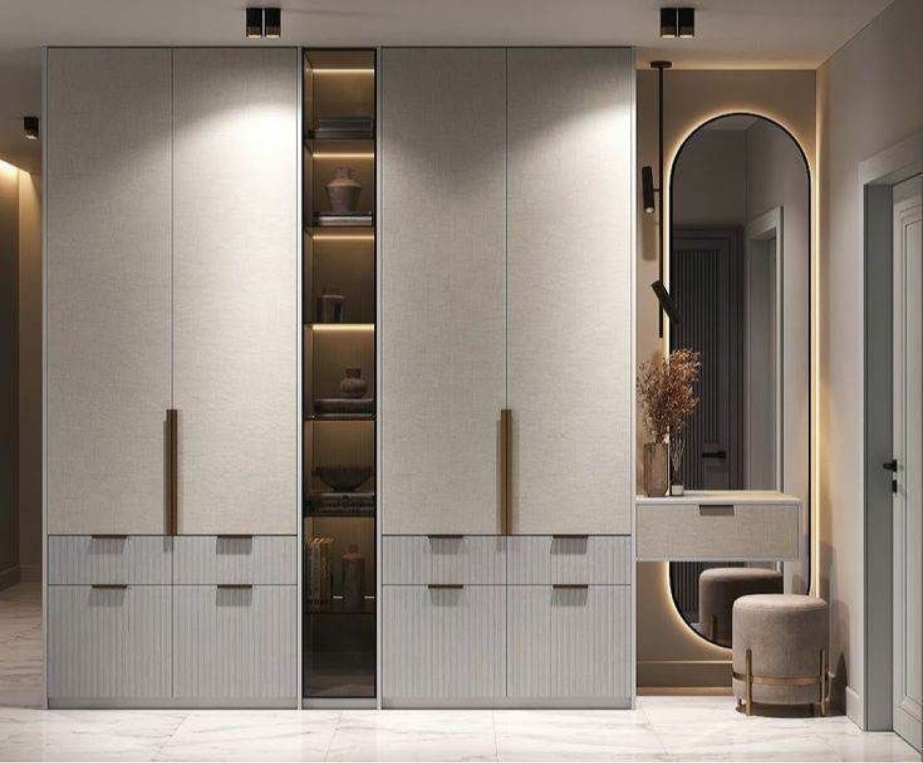 Wardrobe design with arched backlit mirror and dressing table