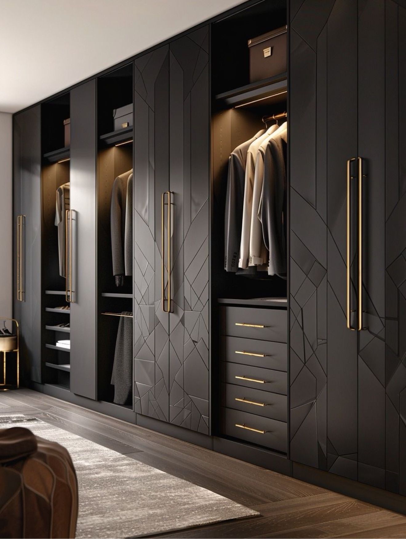 Black wardrobe design with geometric panels and brass handles