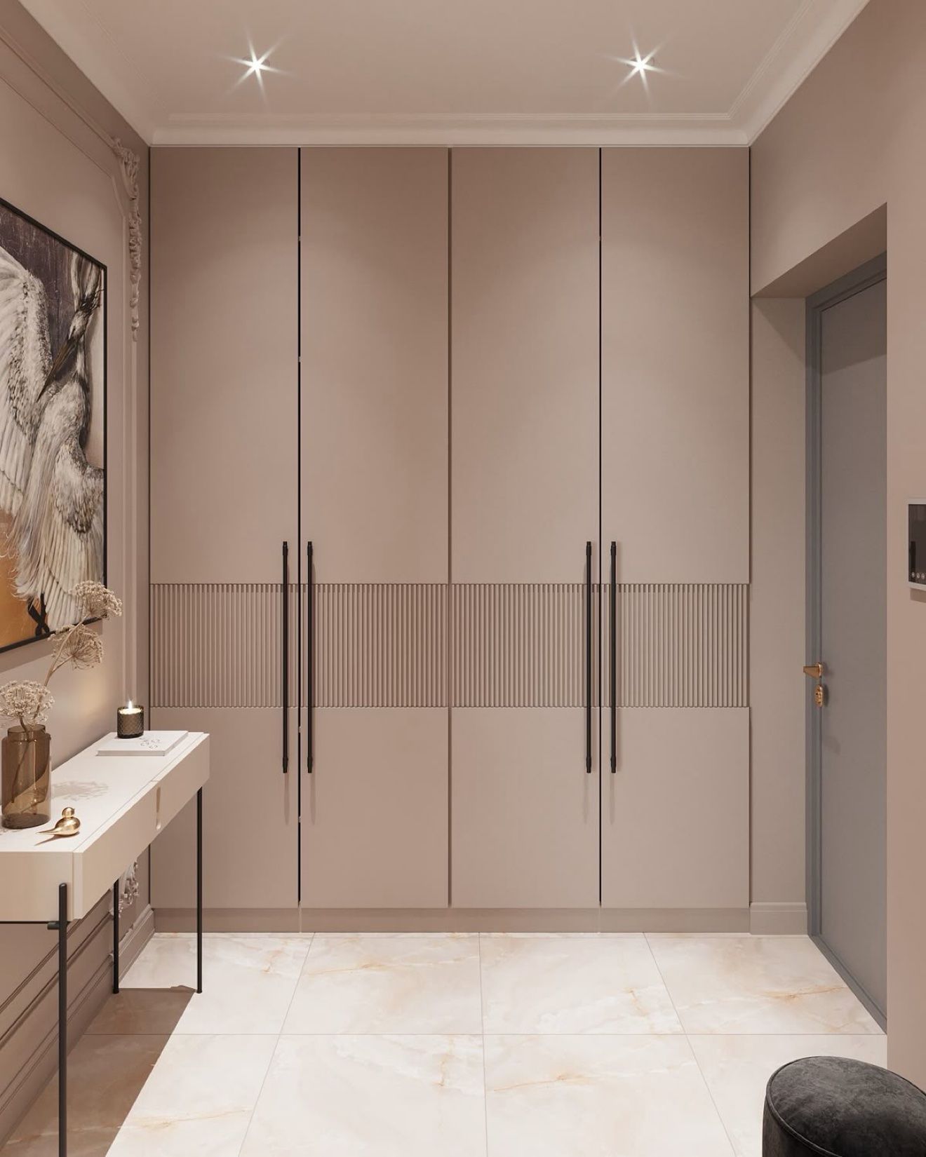 Entry wardrobe design with fluted panel detail