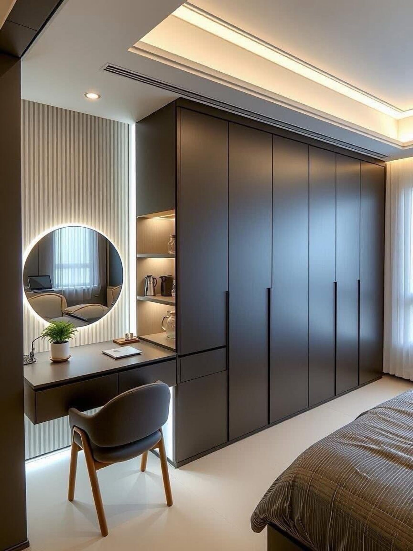Wardrobe and vanity design with round backlit mirror