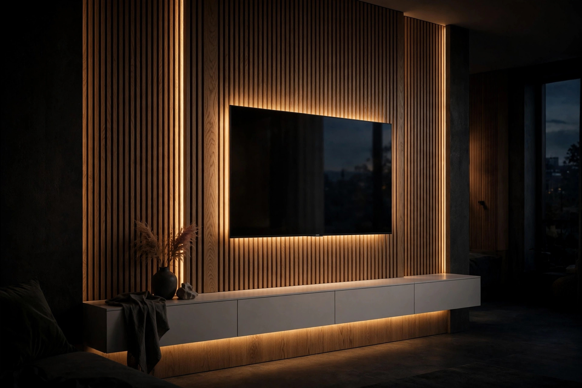 Oak slat media wall