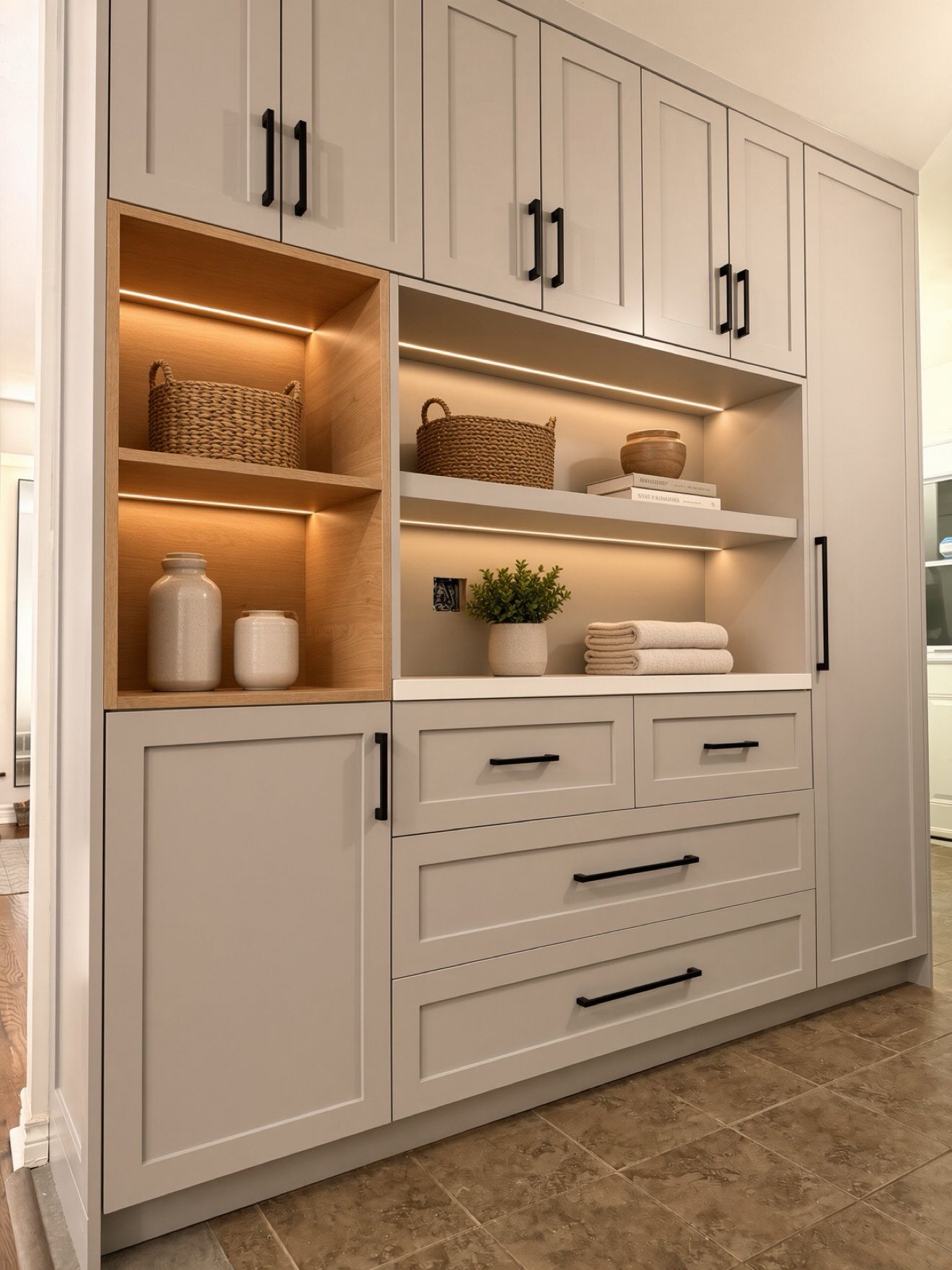 Custom built-in wall unit with LED-lit oak niches