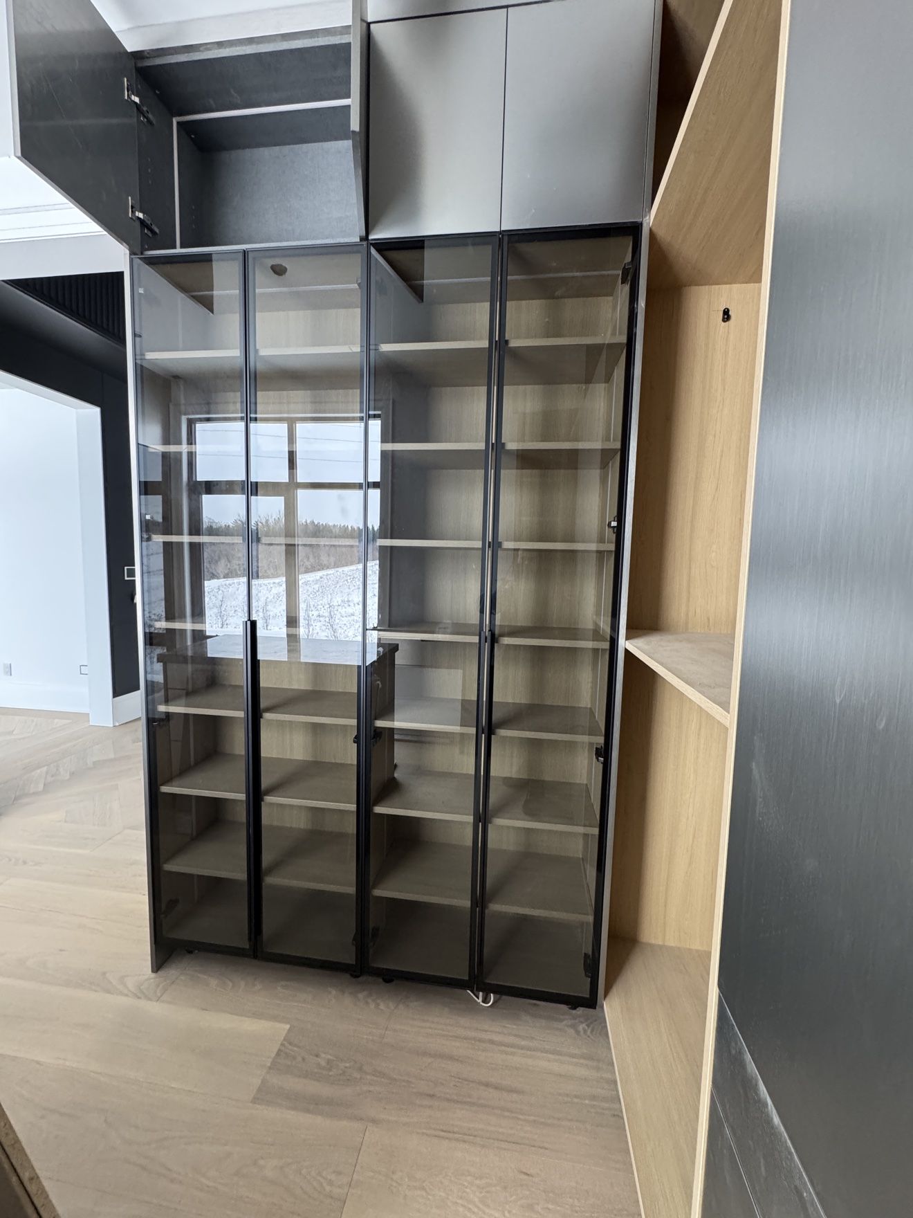 Glass-front display cabinet with black frames and oak interior