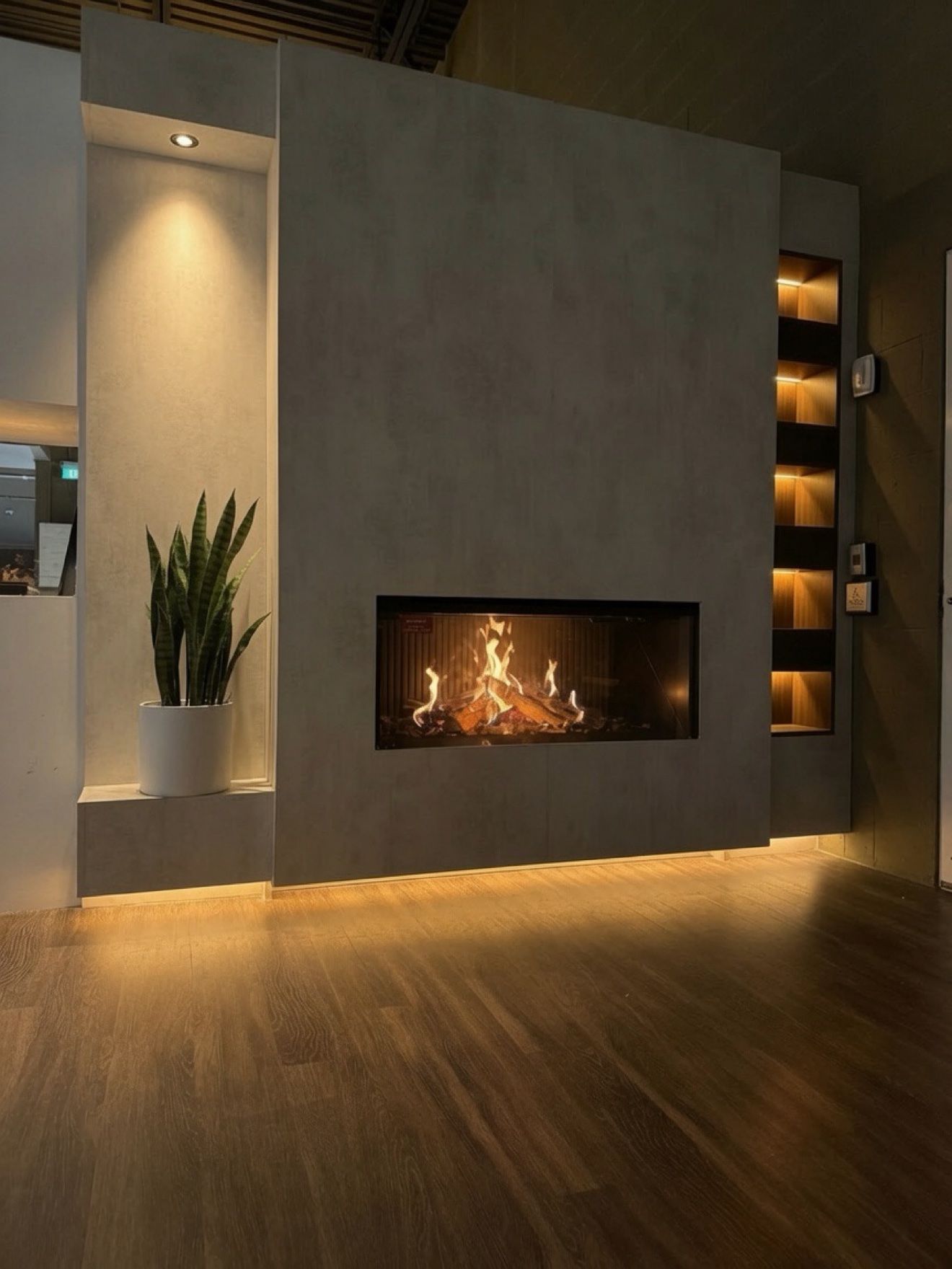 Concrete fireplace feature wall with lit niches and custom millwork