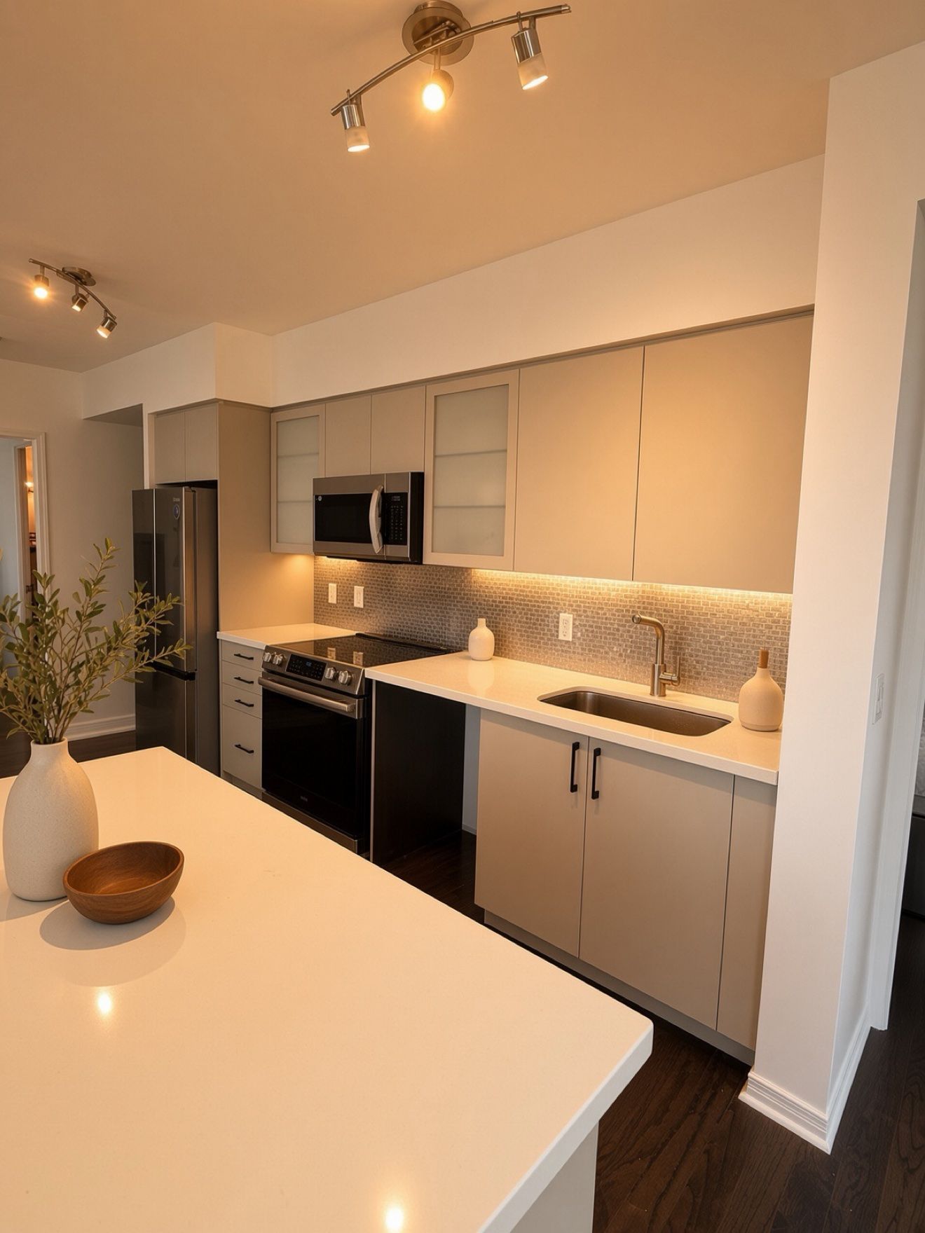 Condo kitchen cabinetry with lit mosaic backsplash