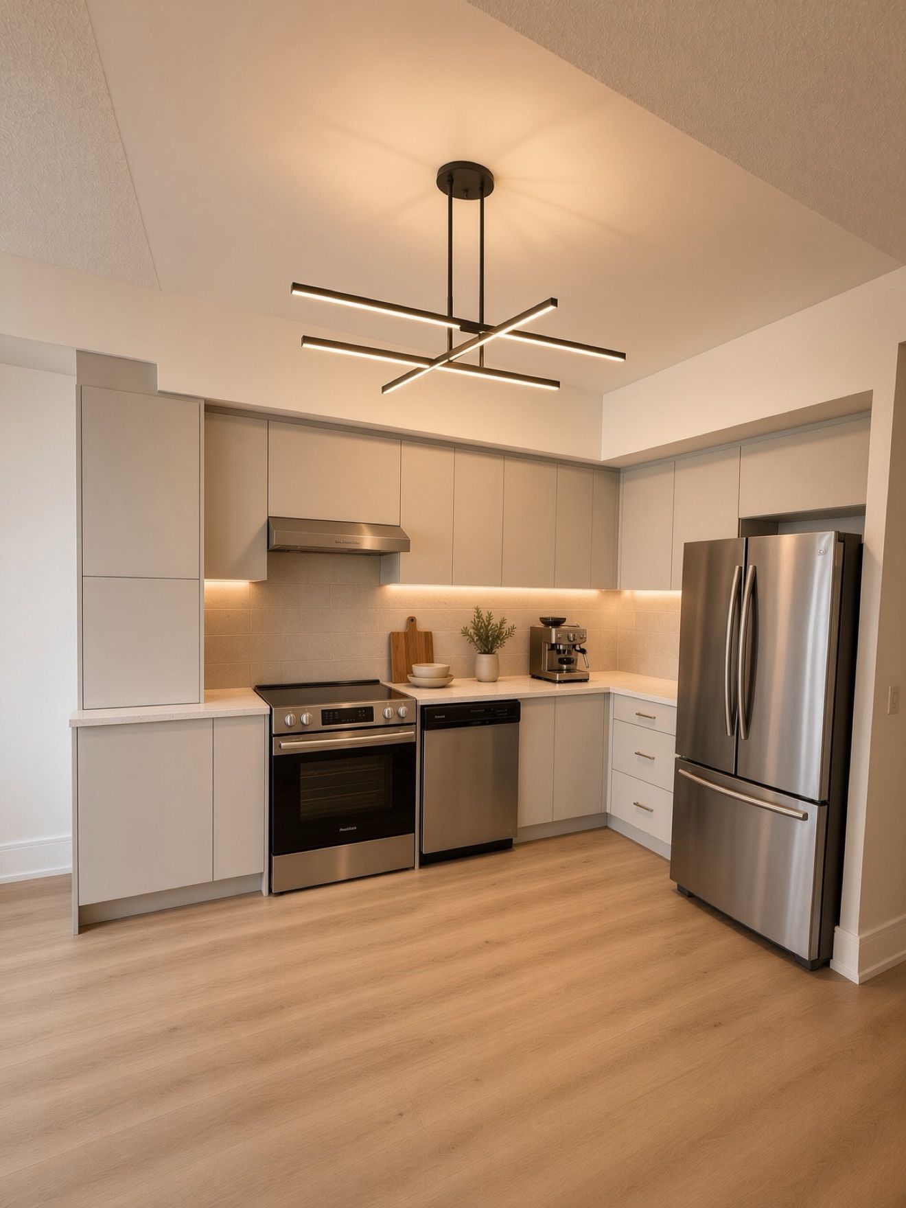 Modern flat-panel condo kitchen with under-cabinet lighting