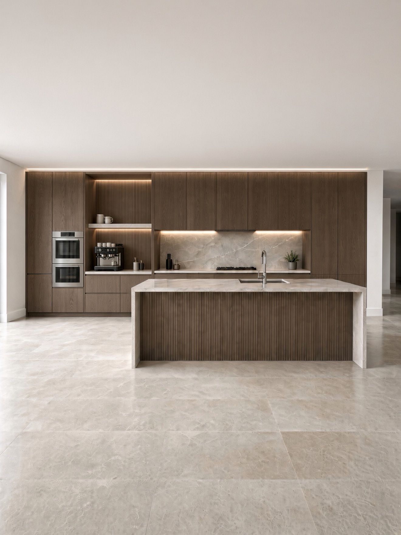Dark walnut custom kitchen with fluted island and hidden lighting