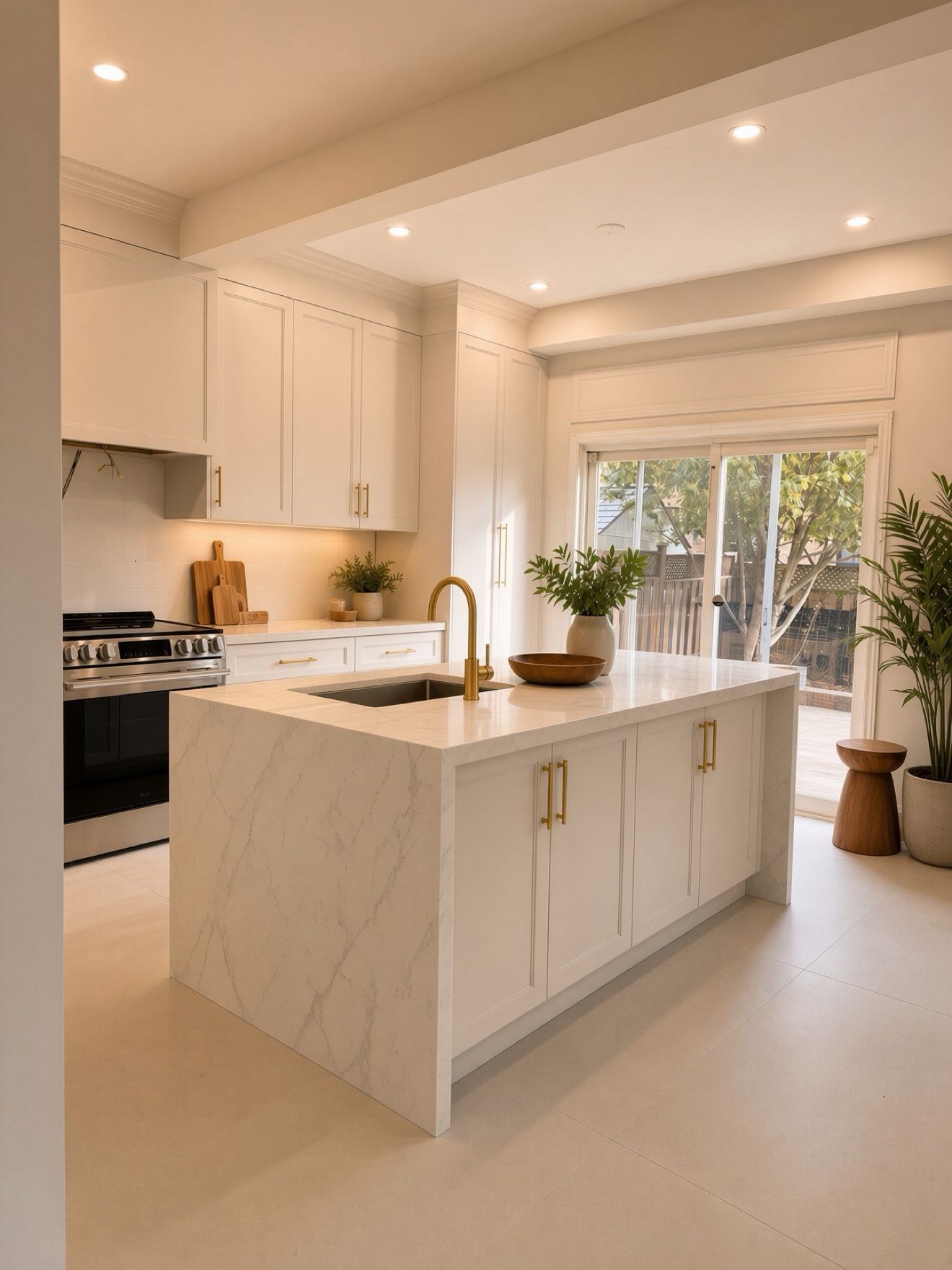 White custom kitchen with marble waterfall island and brass hardware