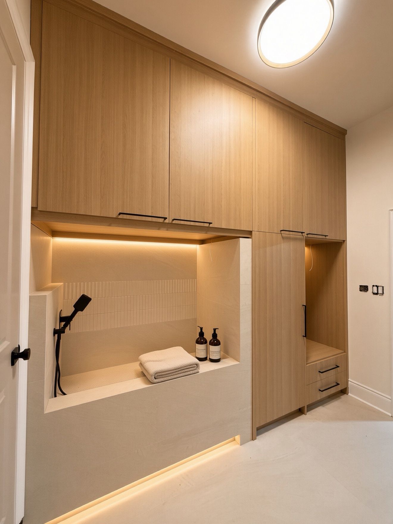 Custom mudroom cabinetry with dog wash station and hidden lighting