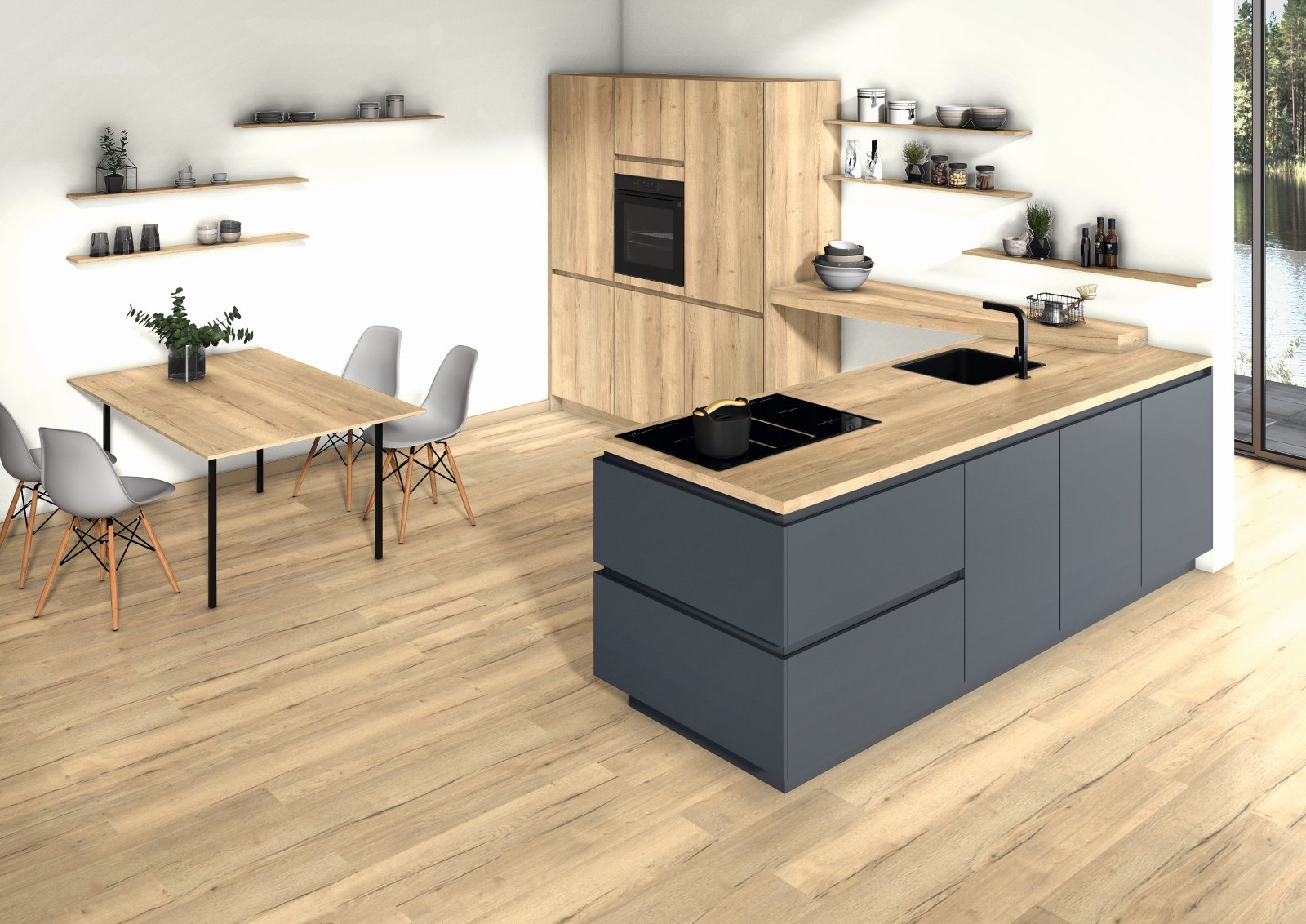 Open kitchen with warm oak-look flooring