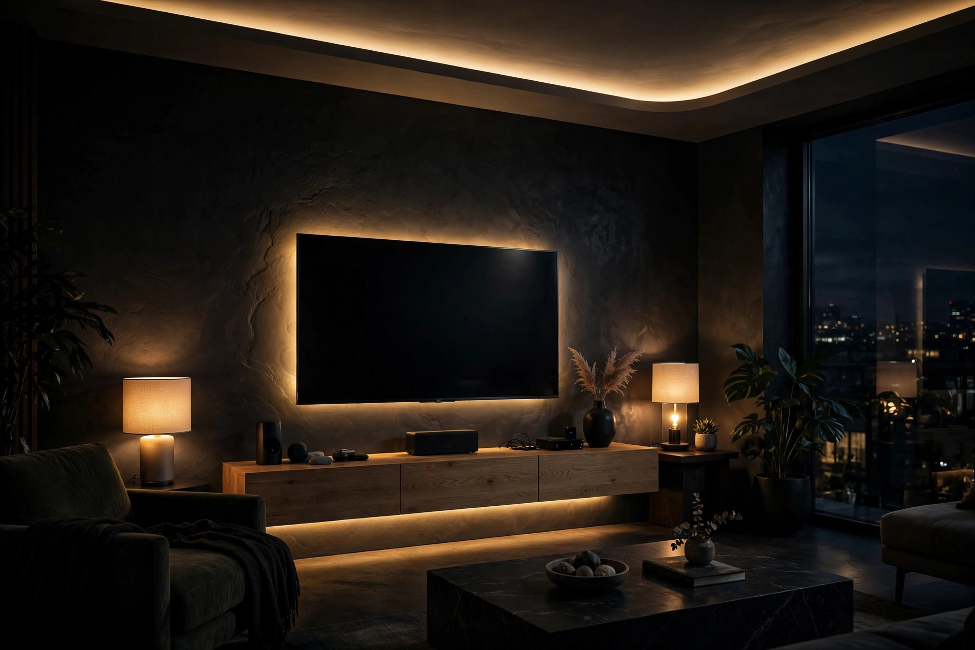 Living room with warm smart lighting