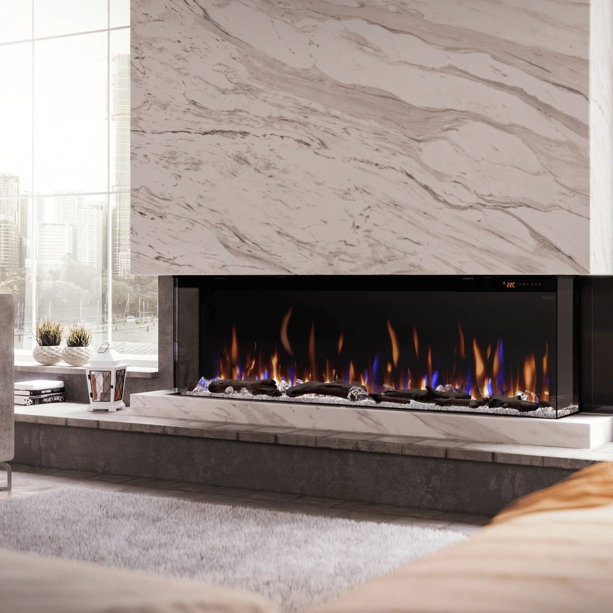 Dimplex IgniteXL Bold 60 — wide linear electric fireplace under a marble feature wall