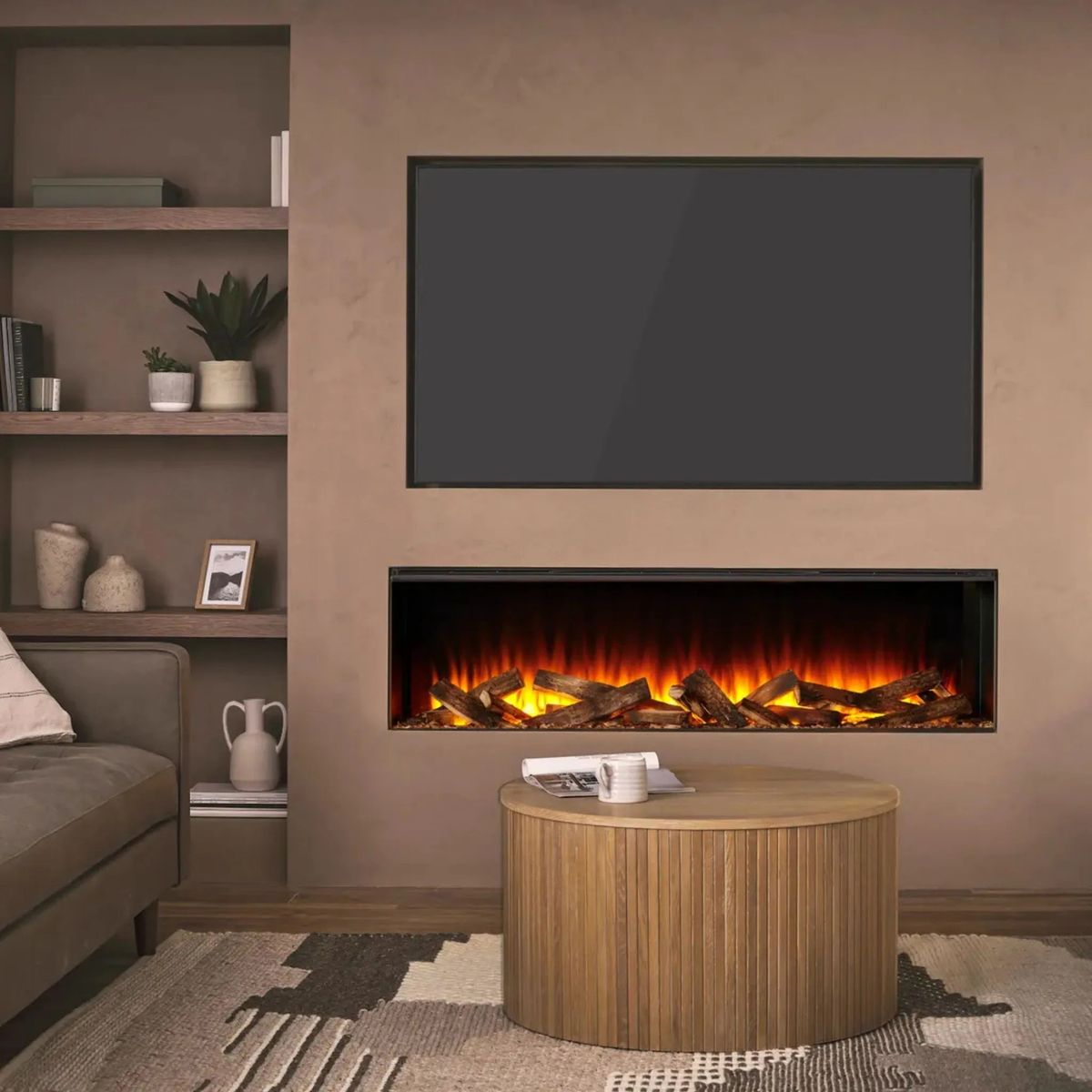 British Fires New Forest 63 — linear electric fireplace beneath a TV in a warm living room