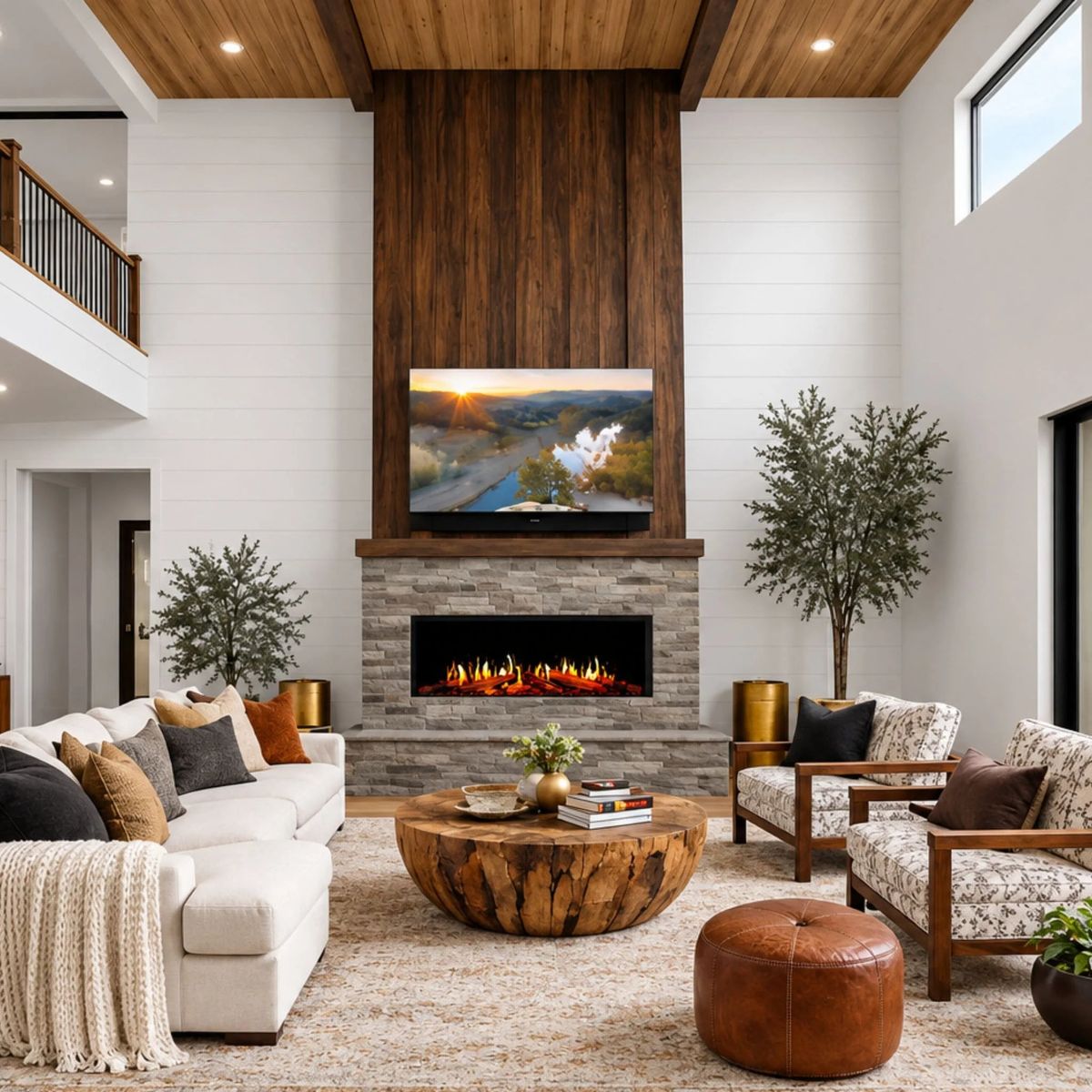 Modern Flames Orion Multi V2 60 — linear electric fireplace in a tall great room