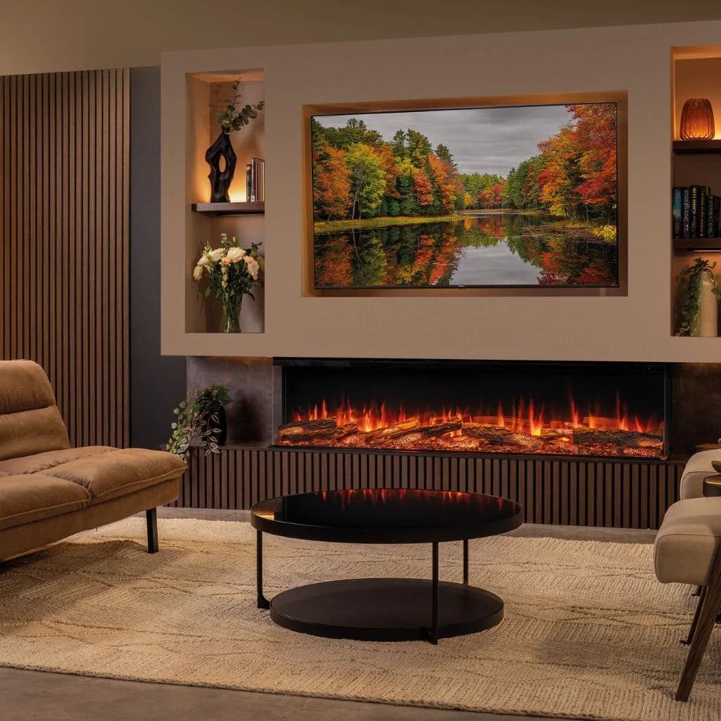 Regency Avita 75 — wide linear electric fireplace on a fluted media wall