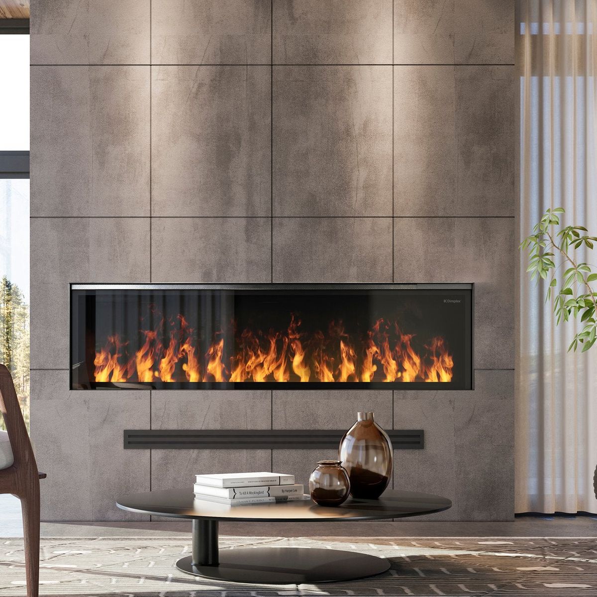 Dimplex Opti-myst Linear 66 — wide water-vapour fireplace on a stone-tile wall