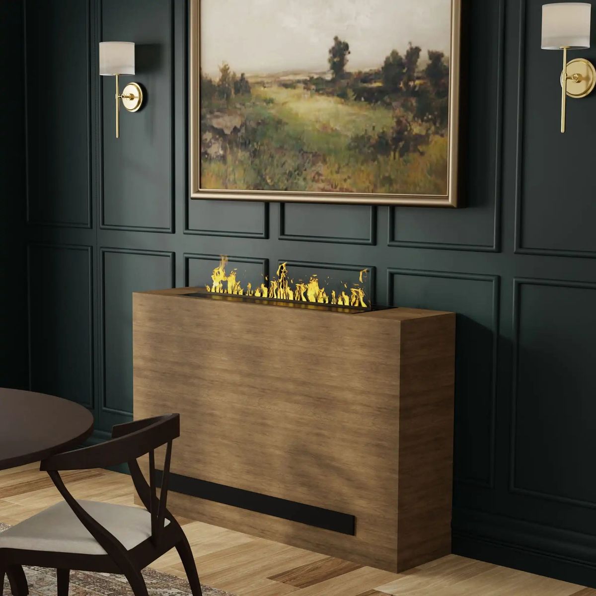 Dimplex Opti-myst Cassette 20 — open water-vapour flame module set into a wood cabinet