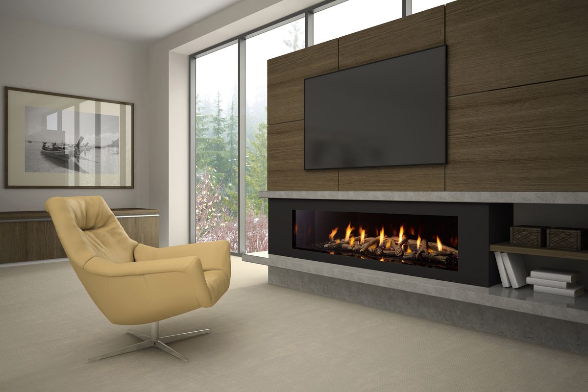 Regency City Series CV72E — linear gas fireplace with driftwood logs on a walnut media wall