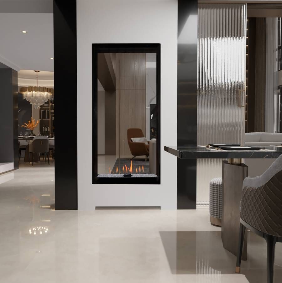 Ortal Wilderness Tunnel 31H — tall see-through gas fireplace dividing two rooms