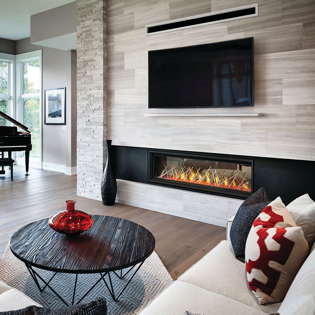 Napoleon Vector 62 — linear gas fireplace beneath a TV in a bright living room