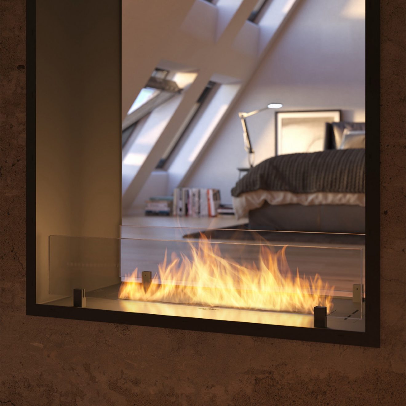 A frameless line of flame built into a wall