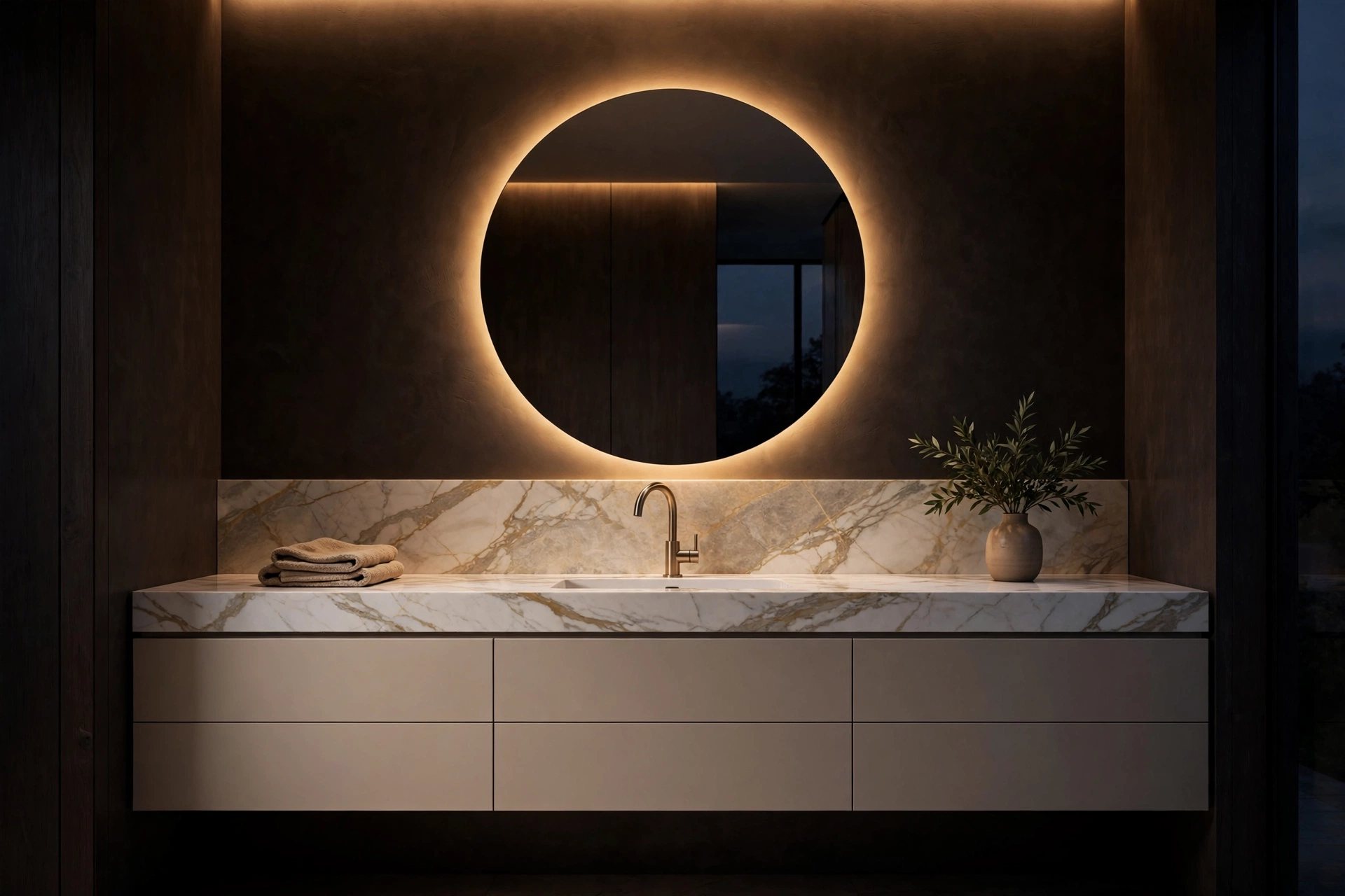 Photoreal bathroom in the studio's opening palette — a cashmere floating vanity under a thick Calacatta-vein stone counter, brushed-gold faucet and a round backlit mirror. Your picks restyle it live.